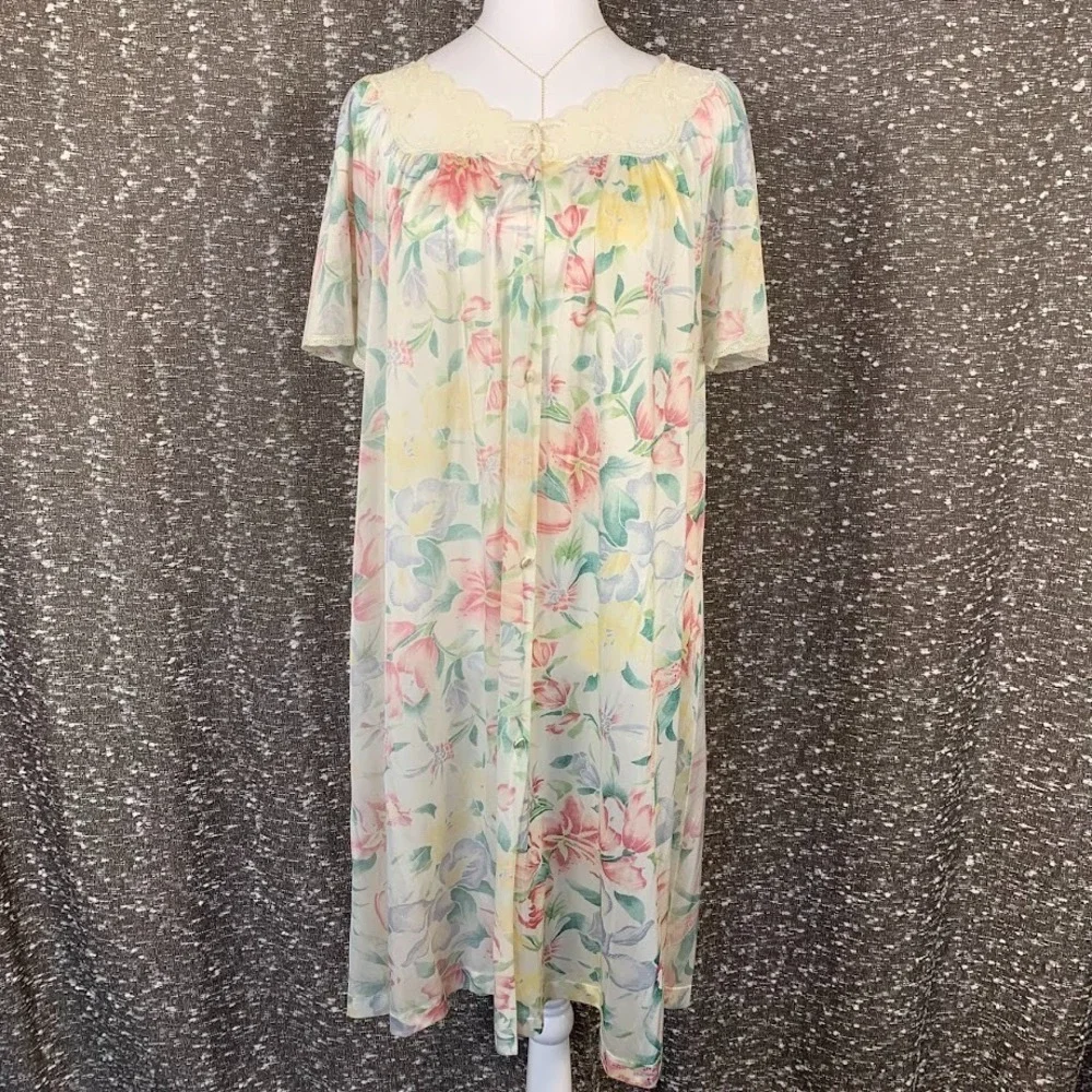 Vintage Vanity Fair Floral Satin Nightgown‎ Dress Button Up Women's Medium